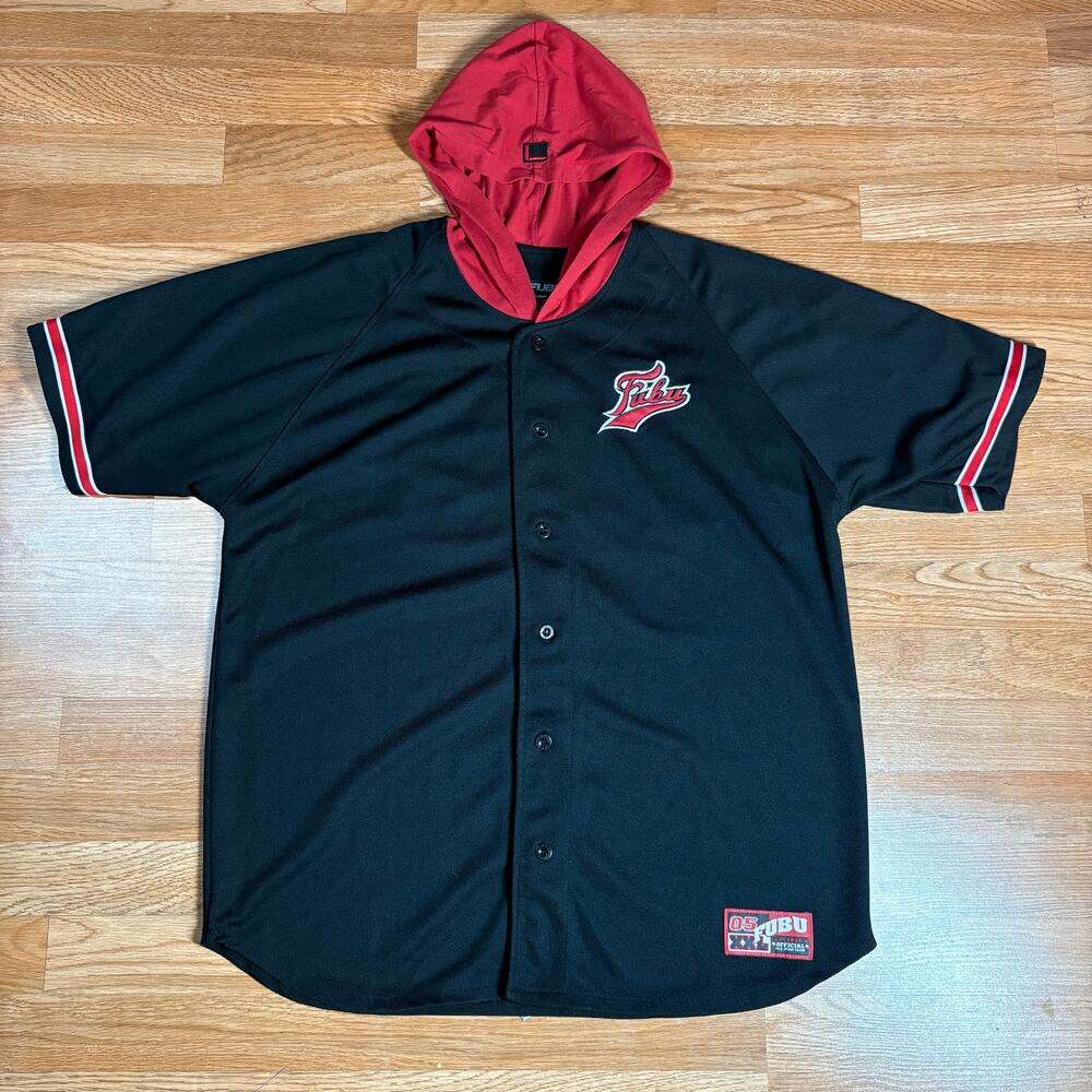 FUBU Vintage 90s/Y2K Black Red Hooded Jersey Men’s Sz XL Made In Korea
